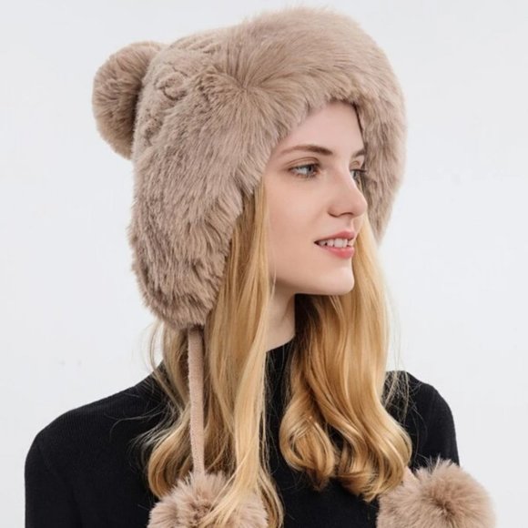 Faux fur trimmed & pom pom knit Hat winter Pink, black, cream, tan or gray - Picture 7 of 15